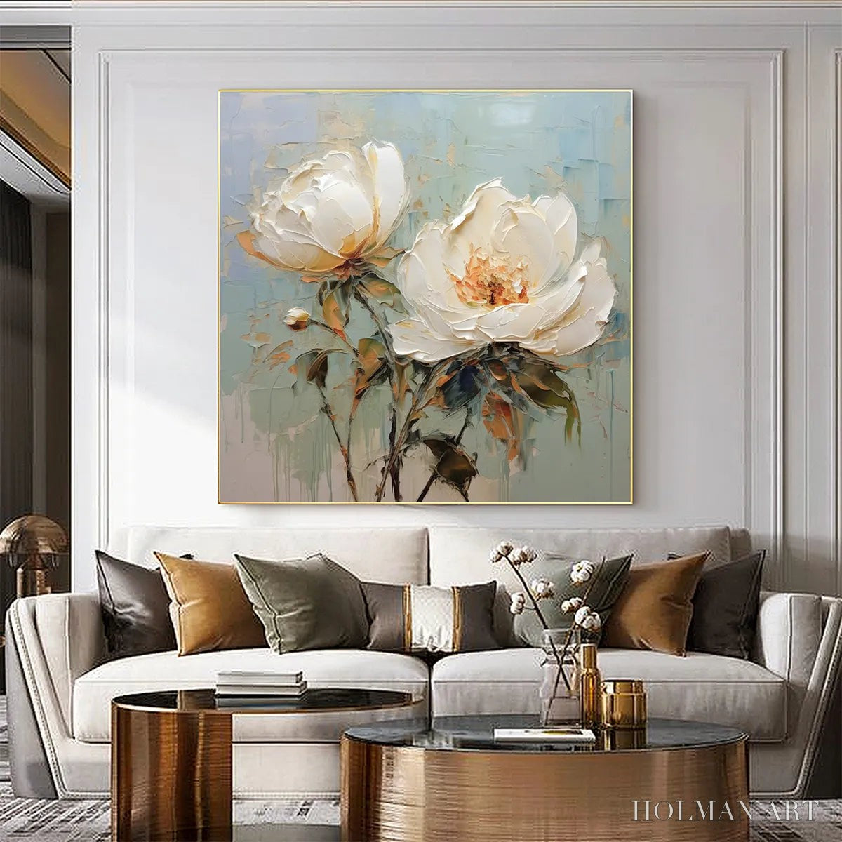 HOLMAN ART White Peony Duet – Square Impasto Peony Painting in Soft White - image 2
