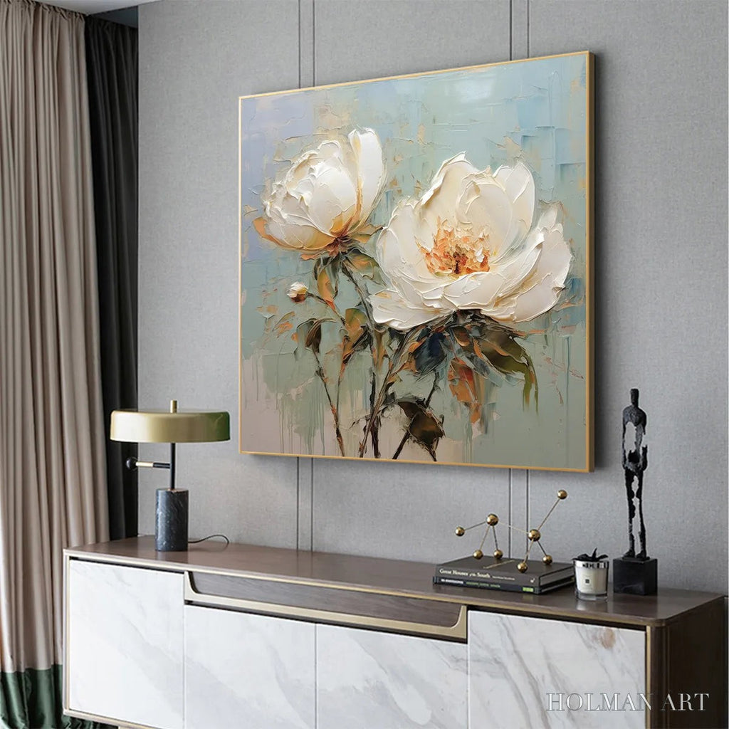 HOLMAN ART White Peony Duet – Square Impasto Peony Painting in Soft White - image 4