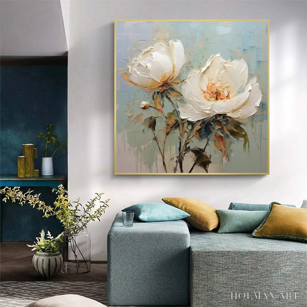 HOLMAN ART White Peony Duet – Square Impasto Peony Painting in Soft White - image 6