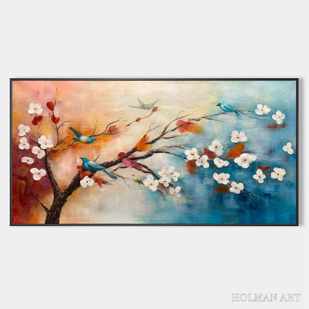HOLMAN ART Spring Melody – Panoramic Blossom Tree Painting with Colorful Birds - image 1