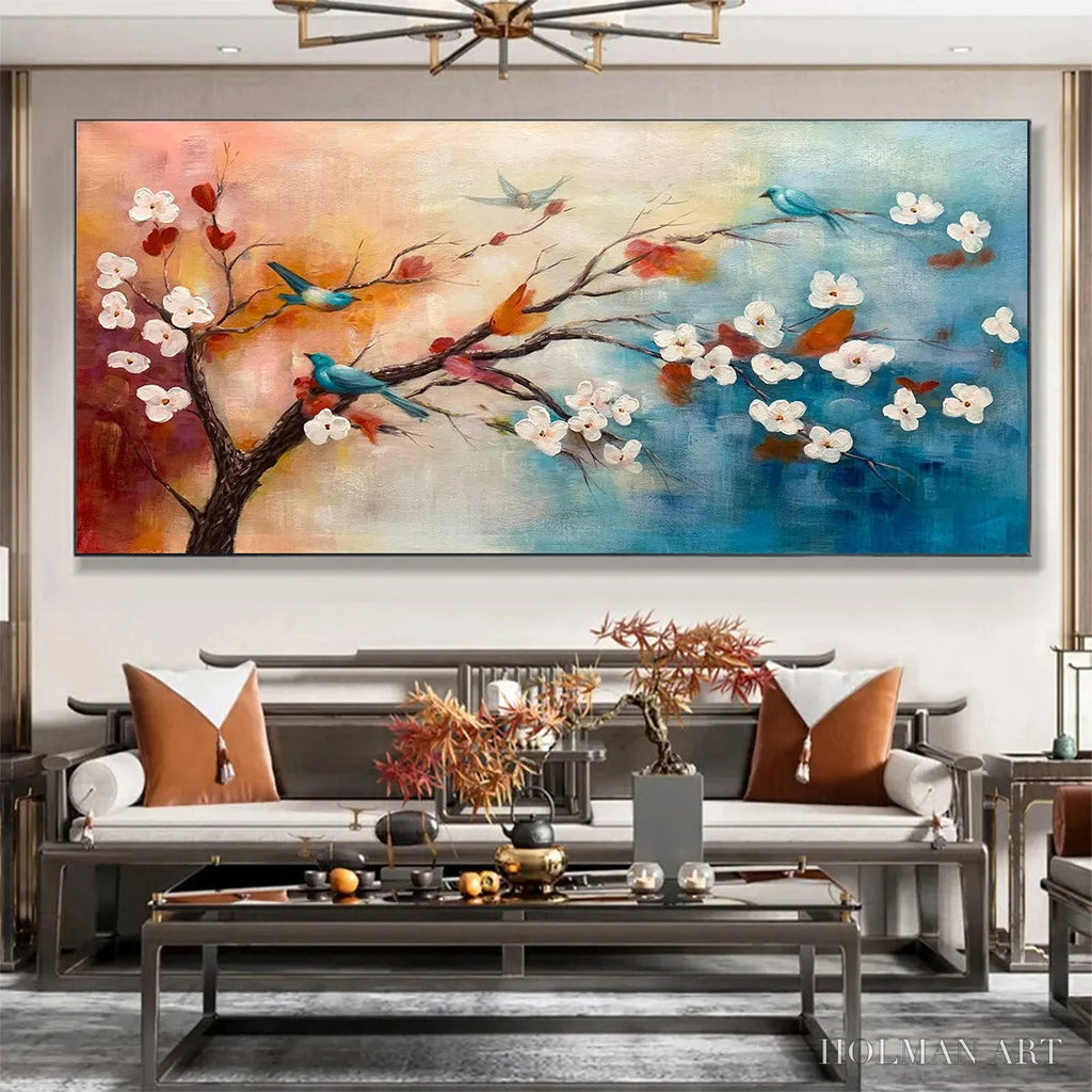 HOLMAN ART Spring Melody – Panoramic Blossom Tree Painting with Colorful Birds - image 2