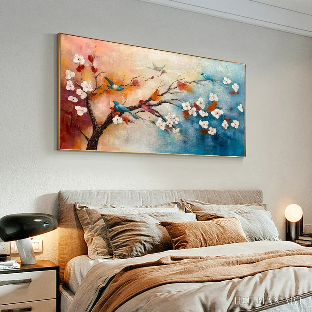 HOLMAN ART Spring Melody – Panoramic Blossom Tree Painting with Colorful Birds - image 5