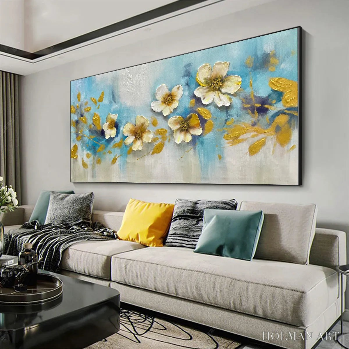 HOLMAN ART Golden Blossom Drift – Floral Painting with Gold Accents - image 5