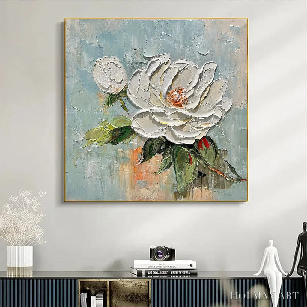HOLMAN ART Blossom'S Grace – Textured Impasto Magnolia Painting on Square Canvas - image 4