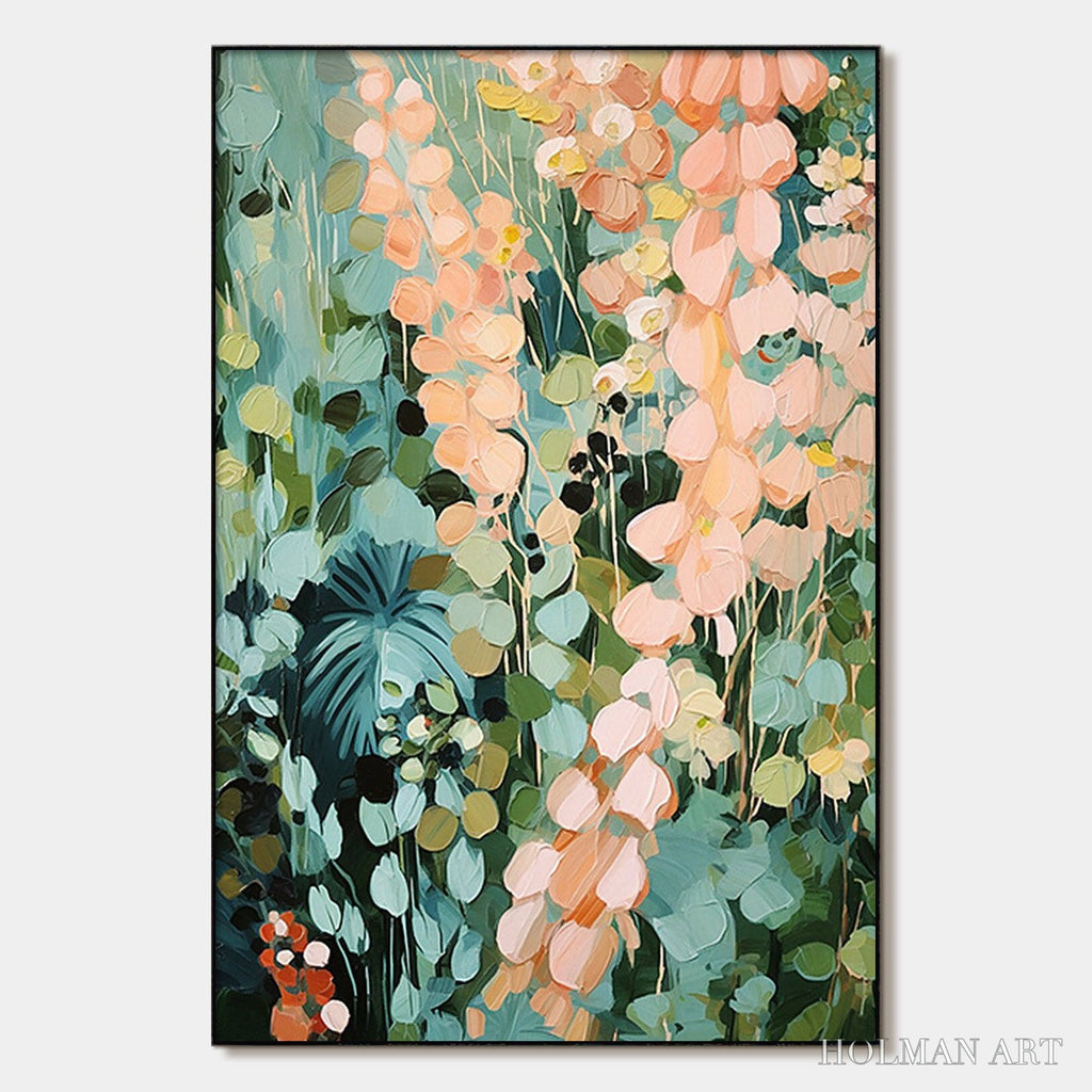 HOLMAN ART Secret Garden – Vertical Abstract Floral Painting, Textured Green and Pink Garden, Living Room, Bedroom,… - image 1