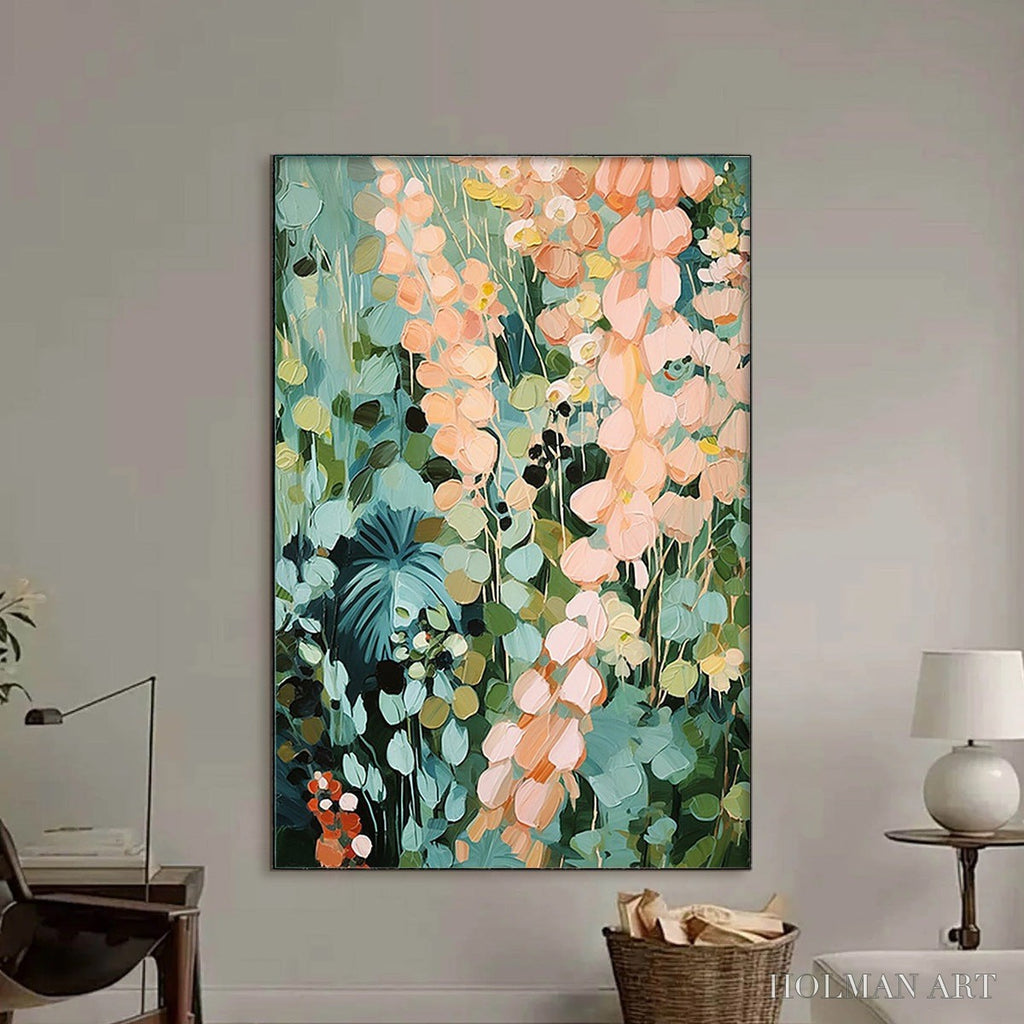 HOLMAN ART Secret Garden – Vertical Abstract Floral Painting, Textured Green and Pink Garden, Living Room, Bedroom,… - image 2