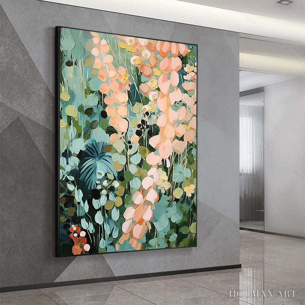HOLMAN ART Secret Garden – Vertical Abstract Floral Painting, Textured Green and Pink Garden, Living Room, Bedroom,… - image 4