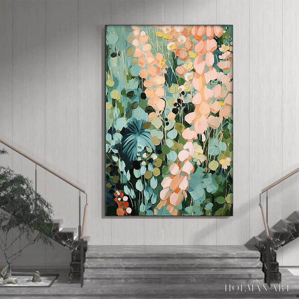 HOLMAN ART Secret Garden – Vertical Abstract Floral Painting, Textured Green and Pink Garden, Living Room, Bedroom,… - image 6