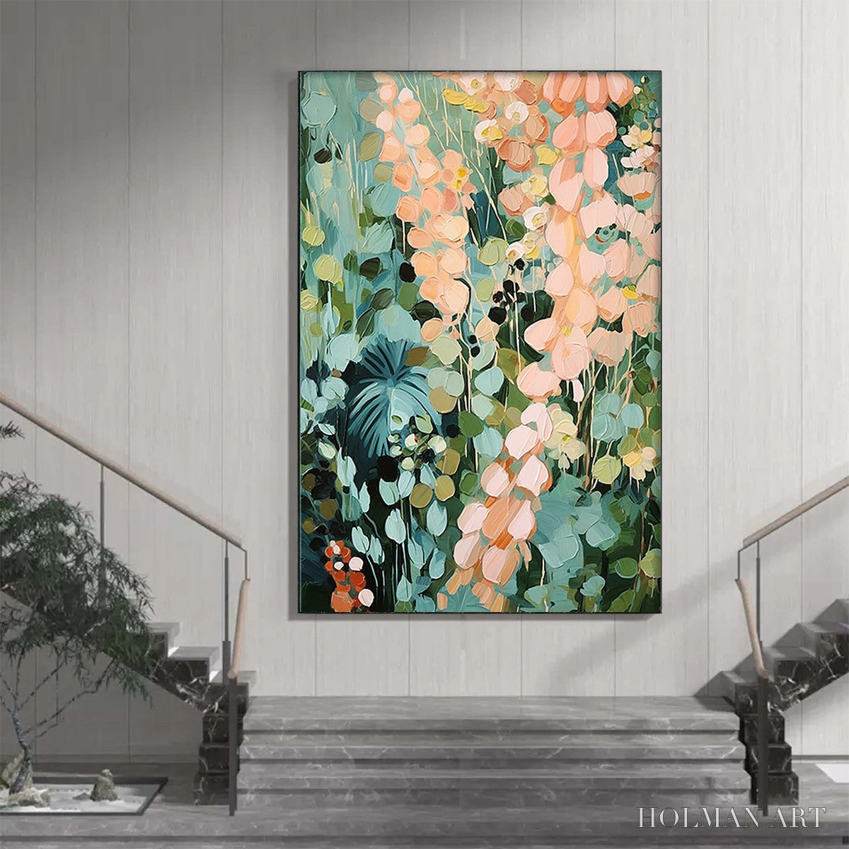 HOLMAN ART Secret Garden – Vertical Abstract Floral Painting, Textured Green and Pink Garden, Living Room, Bedroom,… - image 6