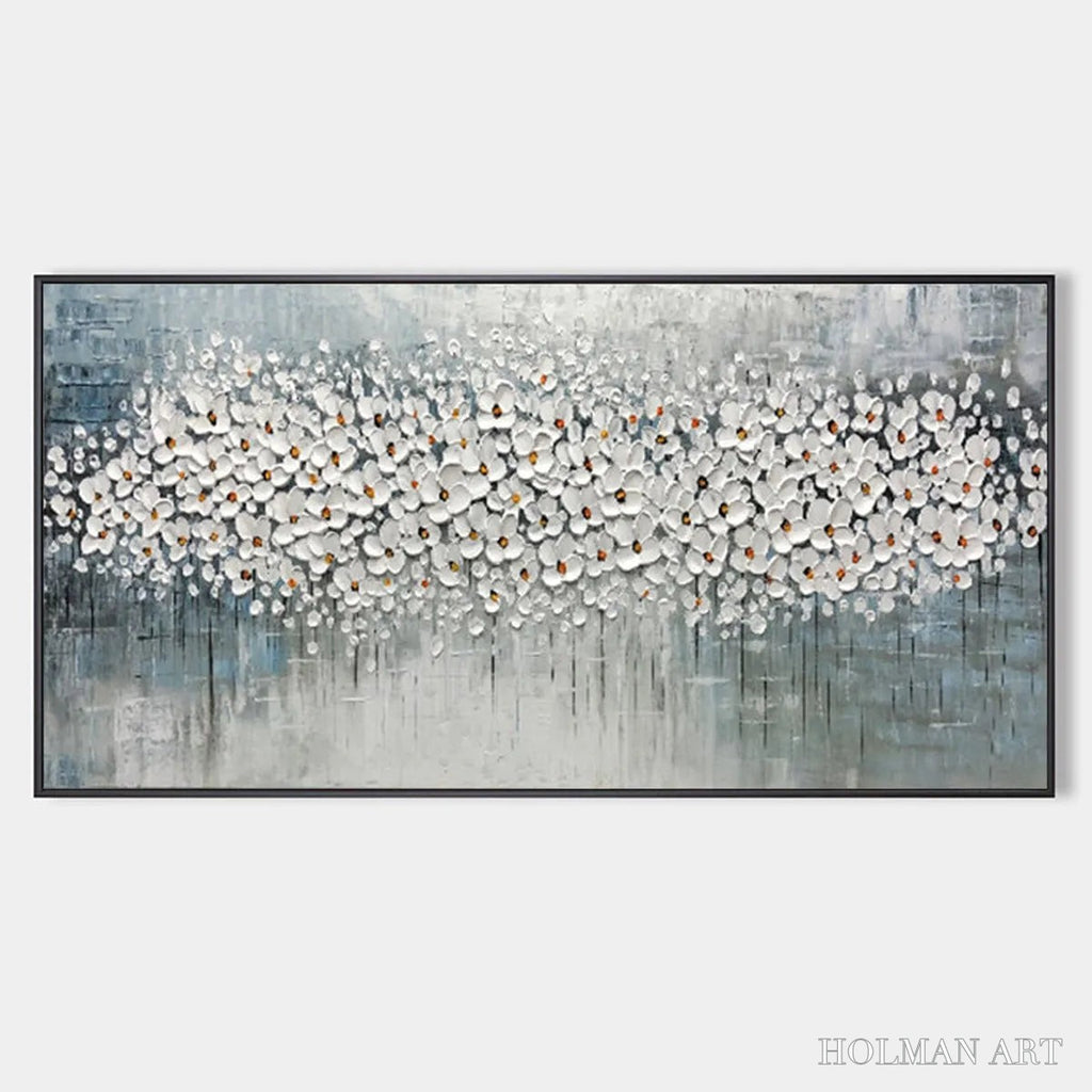 HOLMAN ART Winter Blossom – Panoramic Impasto Floral Oil Painting in White and Grey - image 1