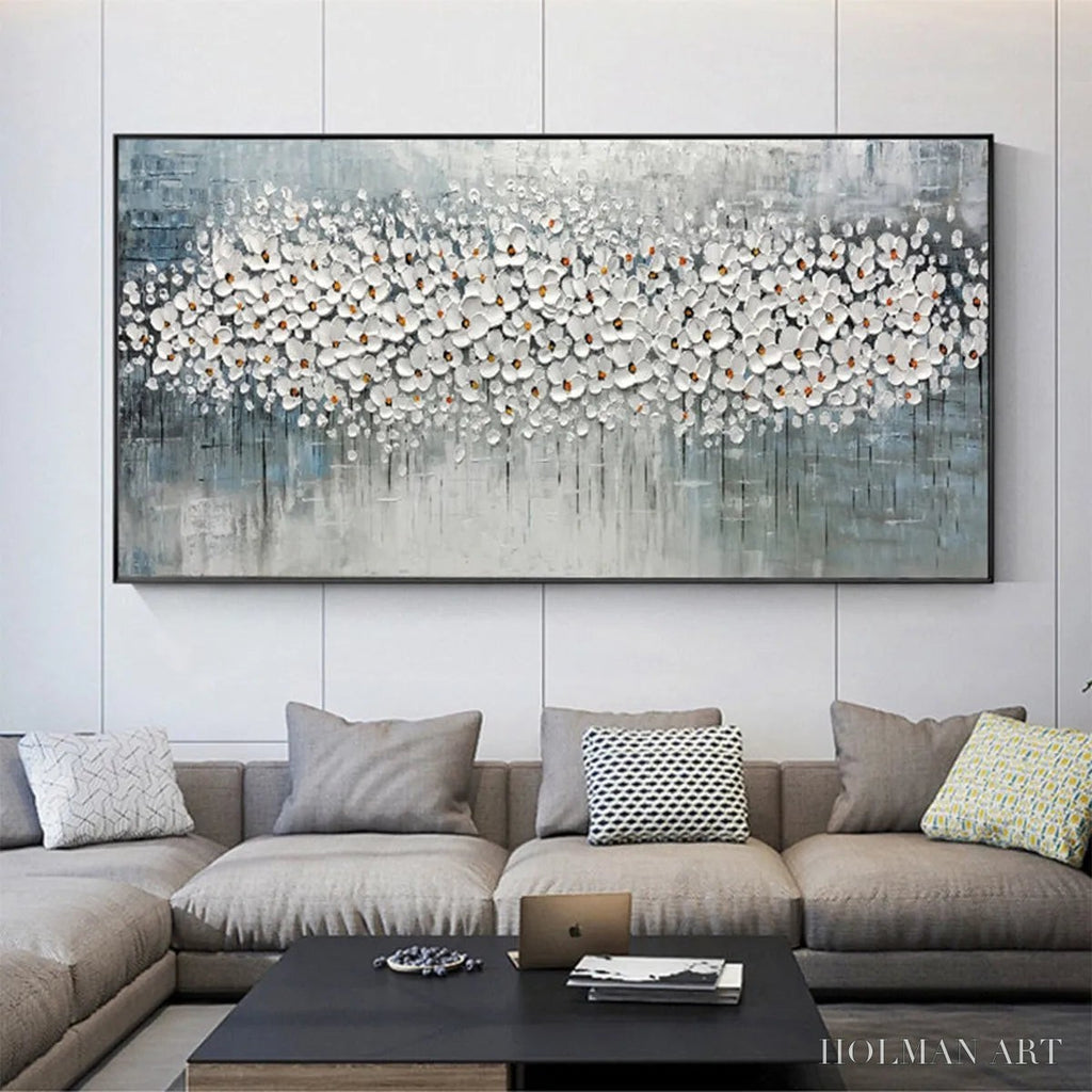 HOLMAN ART Winter Blossom – Panoramic Impasto Floral Oil Painting in White and Grey - image 4