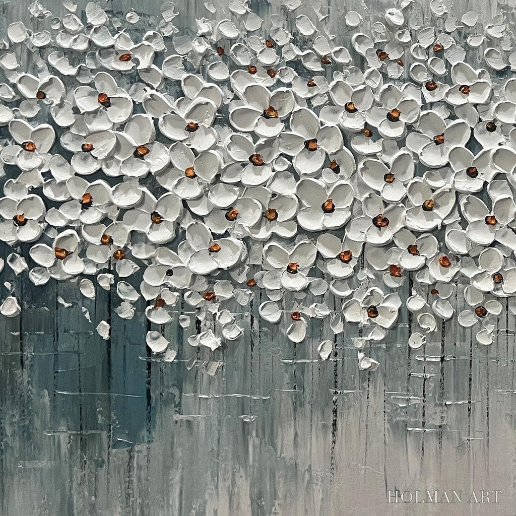 HOLMAN ART Winter Blossom – Panoramic Impasto Floral Oil Painting in White and Grey - image 5