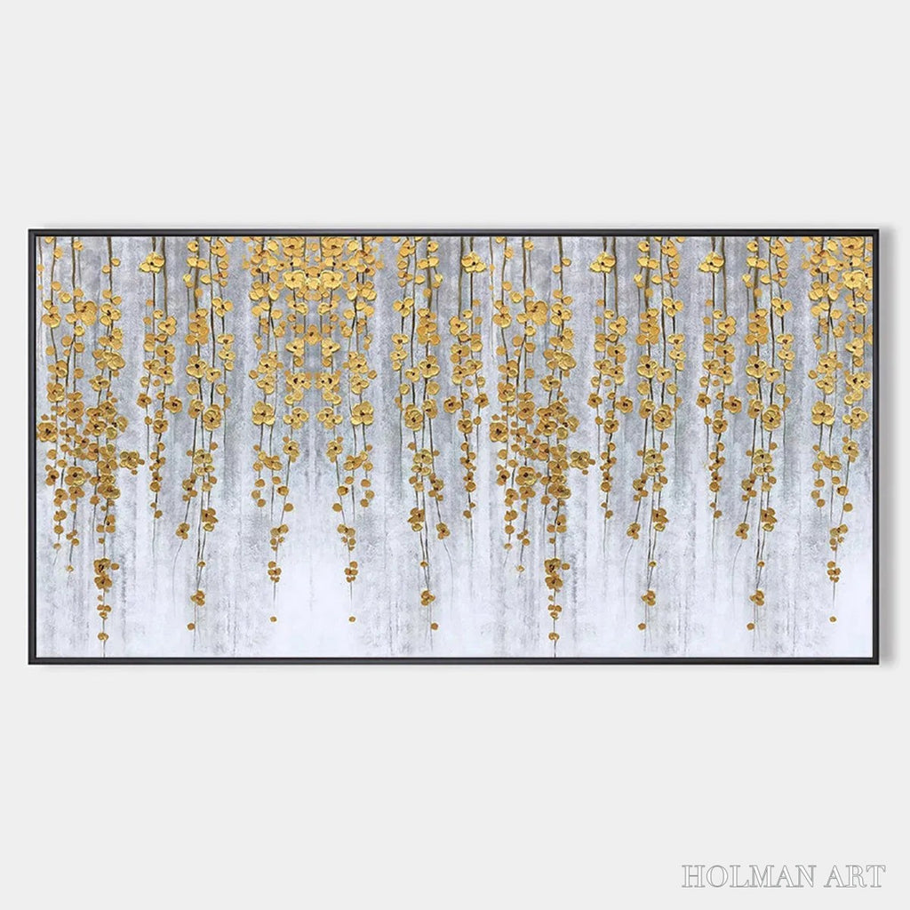 HOLMAN ART Golden Rain – Minimalist Floral Oil Painting in Gold and Grey - image 1