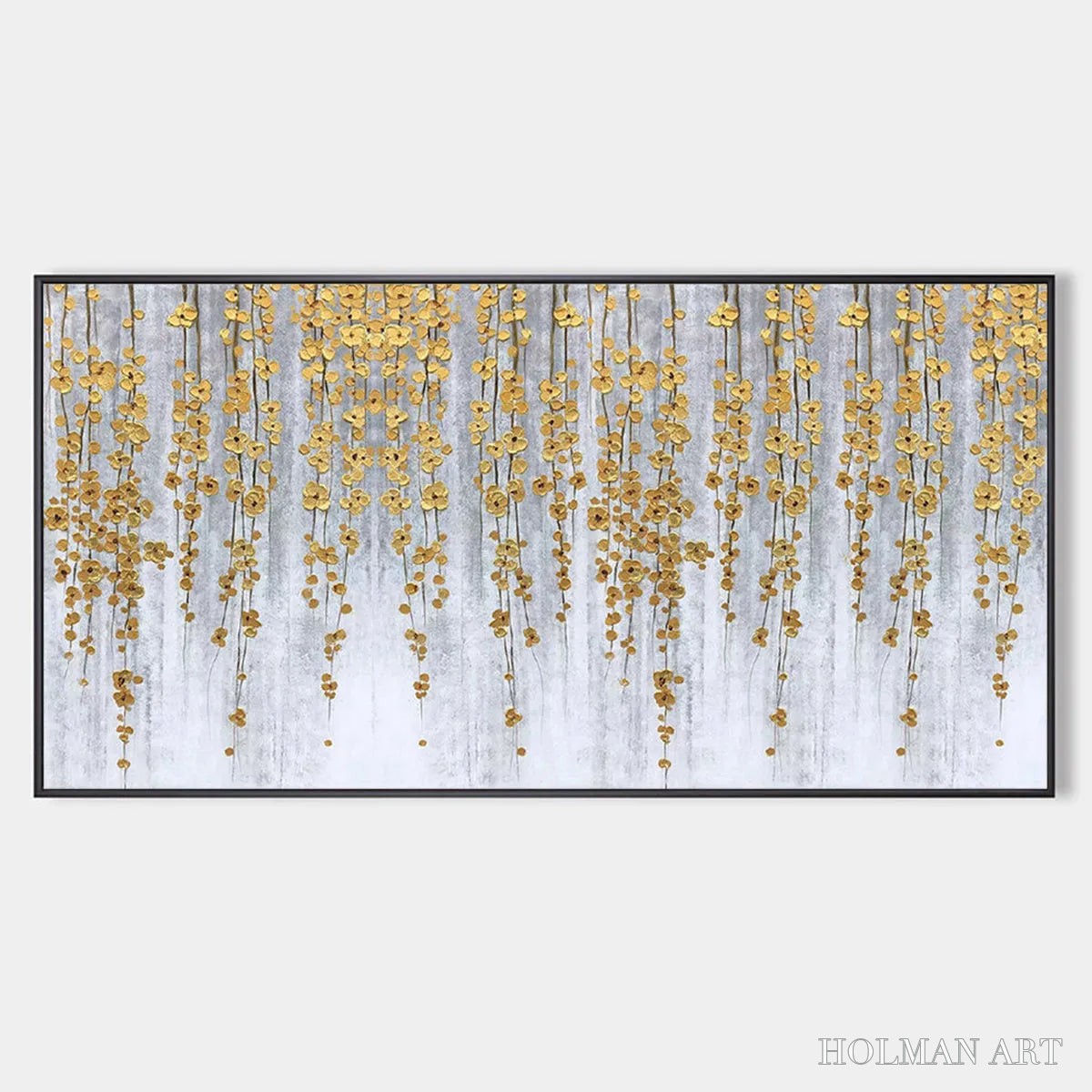 HOLMAN ART Golden Rain – Minimalist Floral Oil Painting in Gold and Grey - image 1