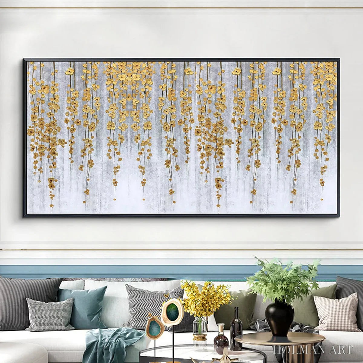 HOLMAN ART Golden Rain – Minimalist Floral Oil Painting in Gold and Grey - image 4