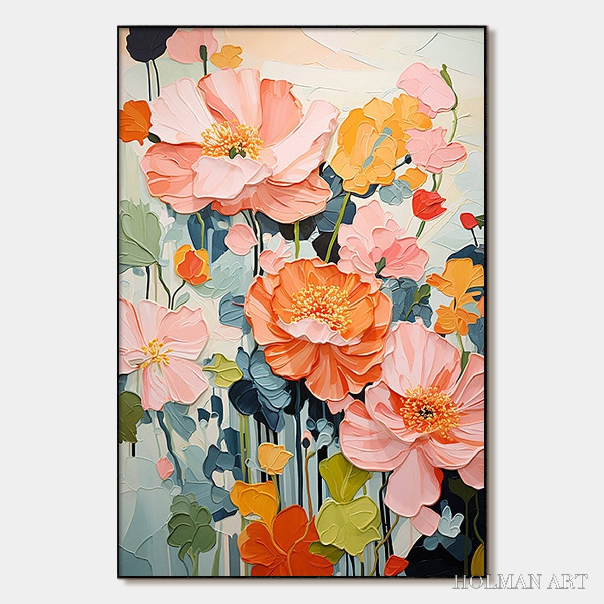 HOLMAN ART Spring Bouquet – Vertical Textured Floral Painting, Impasto Pink and Orange Flowers, Living Room, Bedroom,… - image 1