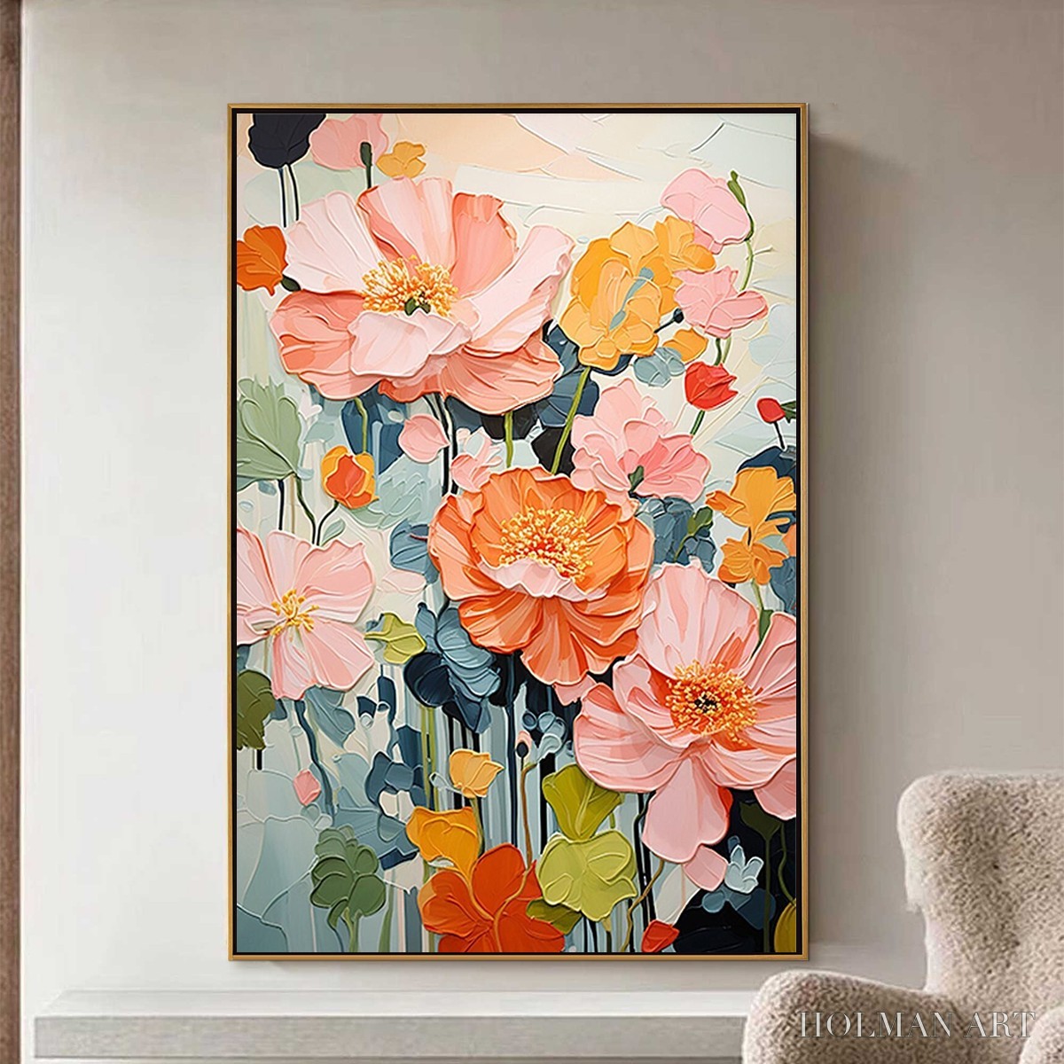HOLMAN ART Spring Bouquet – Vertical Textured Floral Painting, Impasto Pink and Orange Flowers, Living Room, Bedroom,… - image 2
