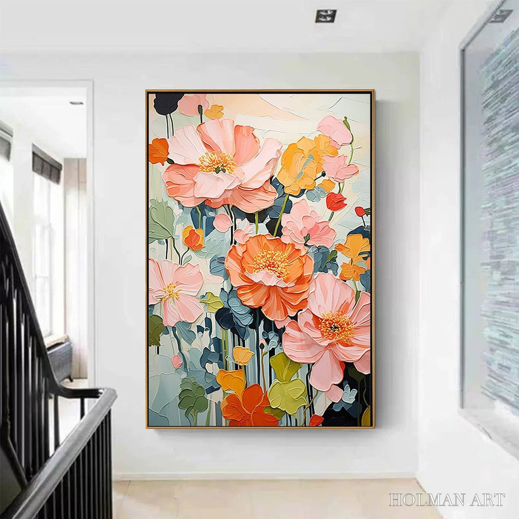 HOLMAN ART Spring Bouquet – Vertical Textured Floral Painting, Impasto Pink and Orange Flowers, Living Room, Bedroom,… - image 4