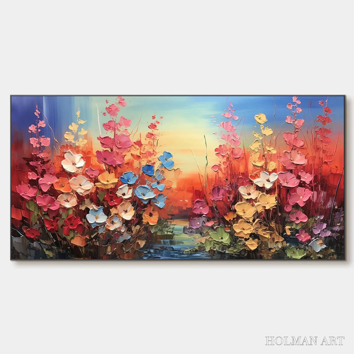 HOLMAN ART Blooming Meadow – Panoramic Floral Landscape Painting, Impasto Flowers, Colorful, Living Room, Bedroom,… - image 1