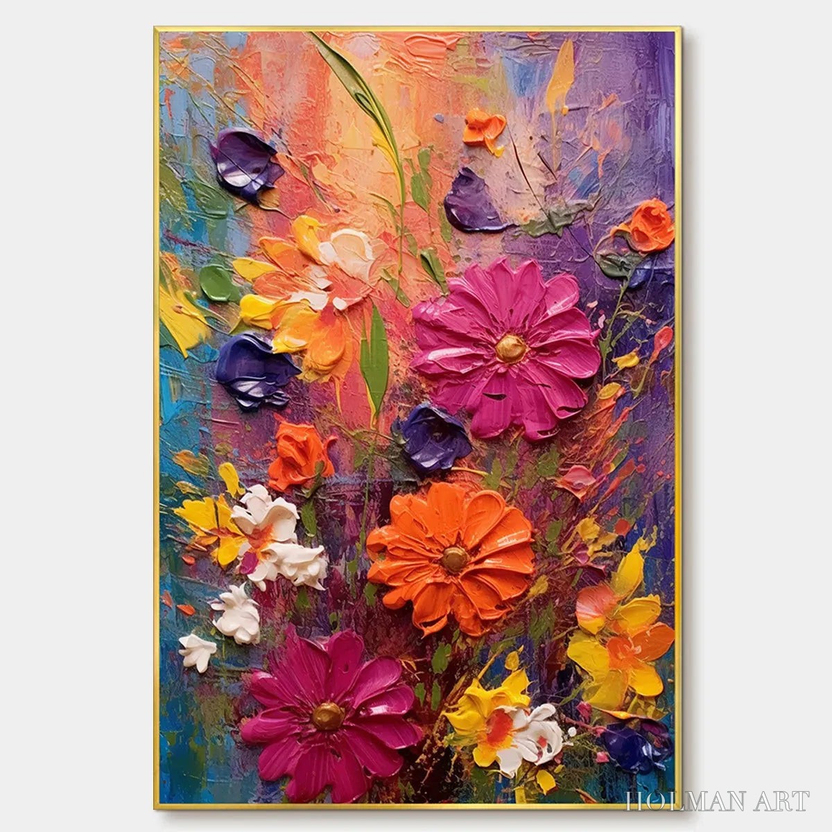 HOLMAN ART Colorful Bouquet – Vertical Impasto Floral Painting, Vibrant Colorful Flowers, Textured - image 1