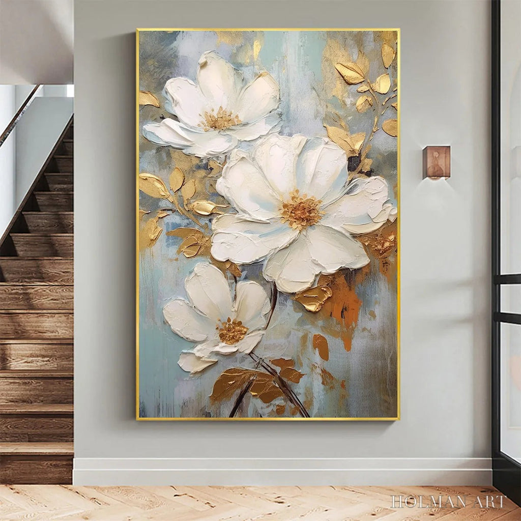 HOLMAN ART Golden Blossoms – Vertical Textured Floral Painting, Impasto White Flowers, Gold Accents, Living Room, Bedroom - image 2