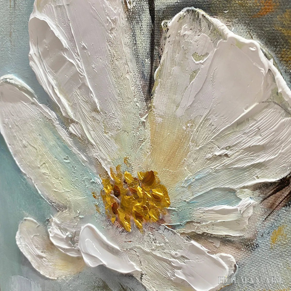 HOLMAN ART Golden Blossoms – Vertical Textured Floral Painting, Impasto White Flowers, Gold Accents, Living Room, Bedroom - image 3