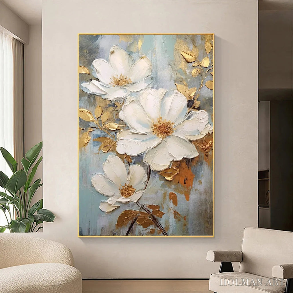 HOLMAN ART Golden Blossoms – Vertical Textured Floral Painting, Impasto White Flowers, Gold Accents, Living Room, Bedroom - image 4