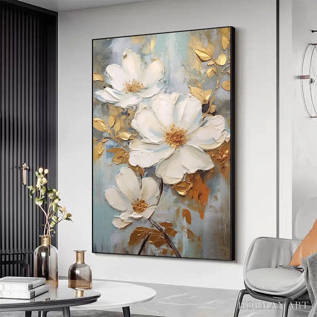 HOLMAN ART Golden Blossoms – Vertical Textured Floral Painting, Impasto White Flowers, Gold Accents, Living Room, Bedroom - image 5