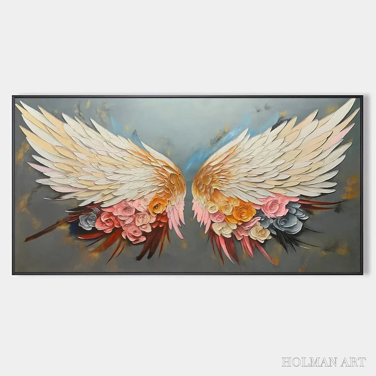 HOLMAN ART Angel Wings – Panoramic Textured Impasto Painting of Floral Angel Wings, Romantic , Bedroom Decor - image 1