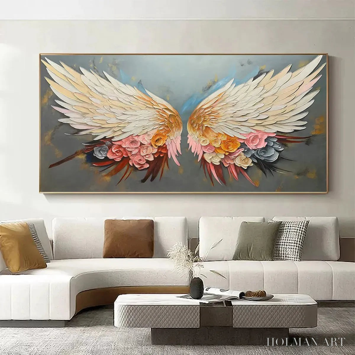 HOLMAN ART Angel Wings – Panoramic Textured Impasto Painting of Floral Angel Wings, Romantic , Bedroom Decor - image 2