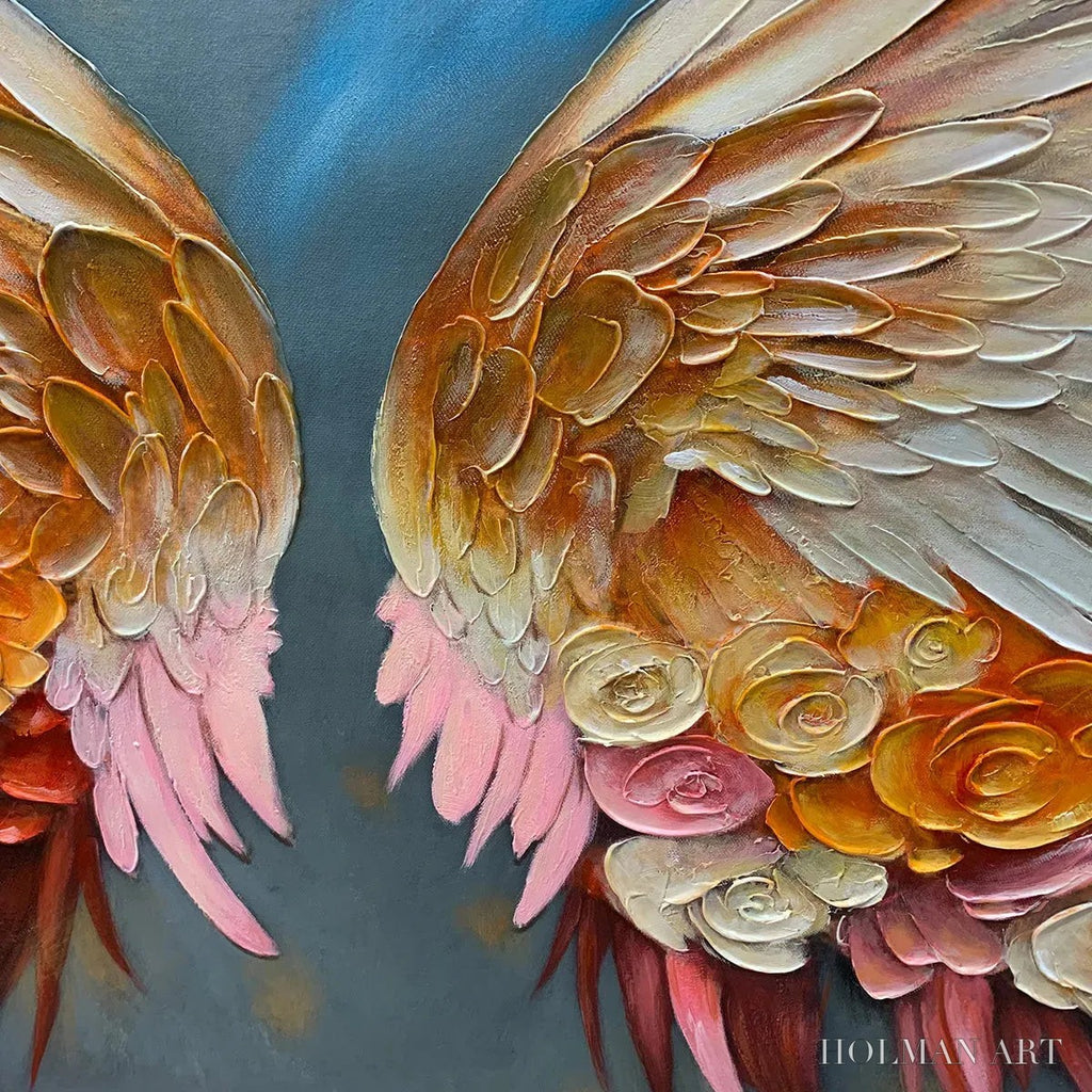 HOLMAN ART Angel Wings – Panoramic Textured Impasto Painting of Floral Angel Wings, Romantic , Bedroom Decor - image 3