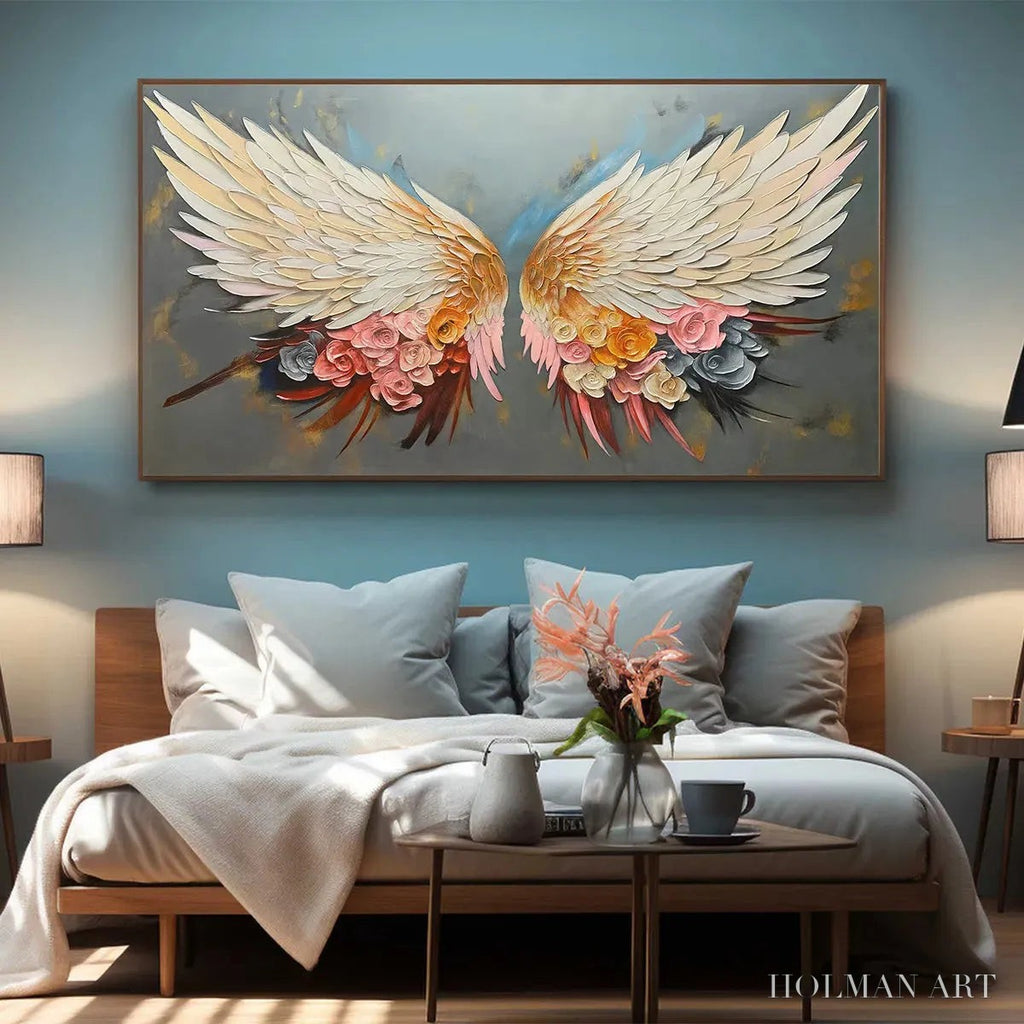 HOLMAN ART Angel Wings – Panoramic Textured Impasto Painting of Floral Angel Wings, Romantic , Bedroom Decor - image 4
