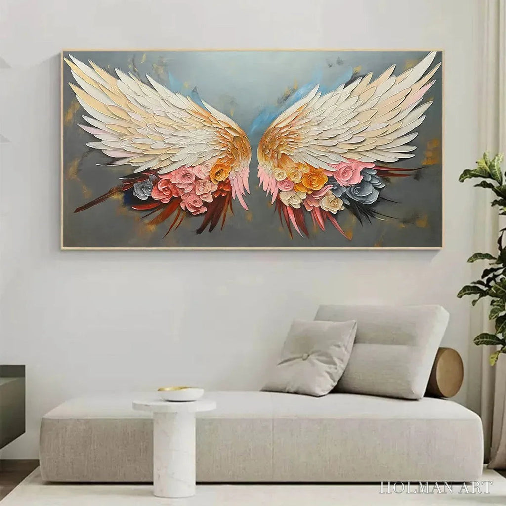 HOLMAN ART Angel Wings – Panoramic Textured Impasto Painting of Floral Angel Wings, Romantic , Bedroom Decor - image 5
