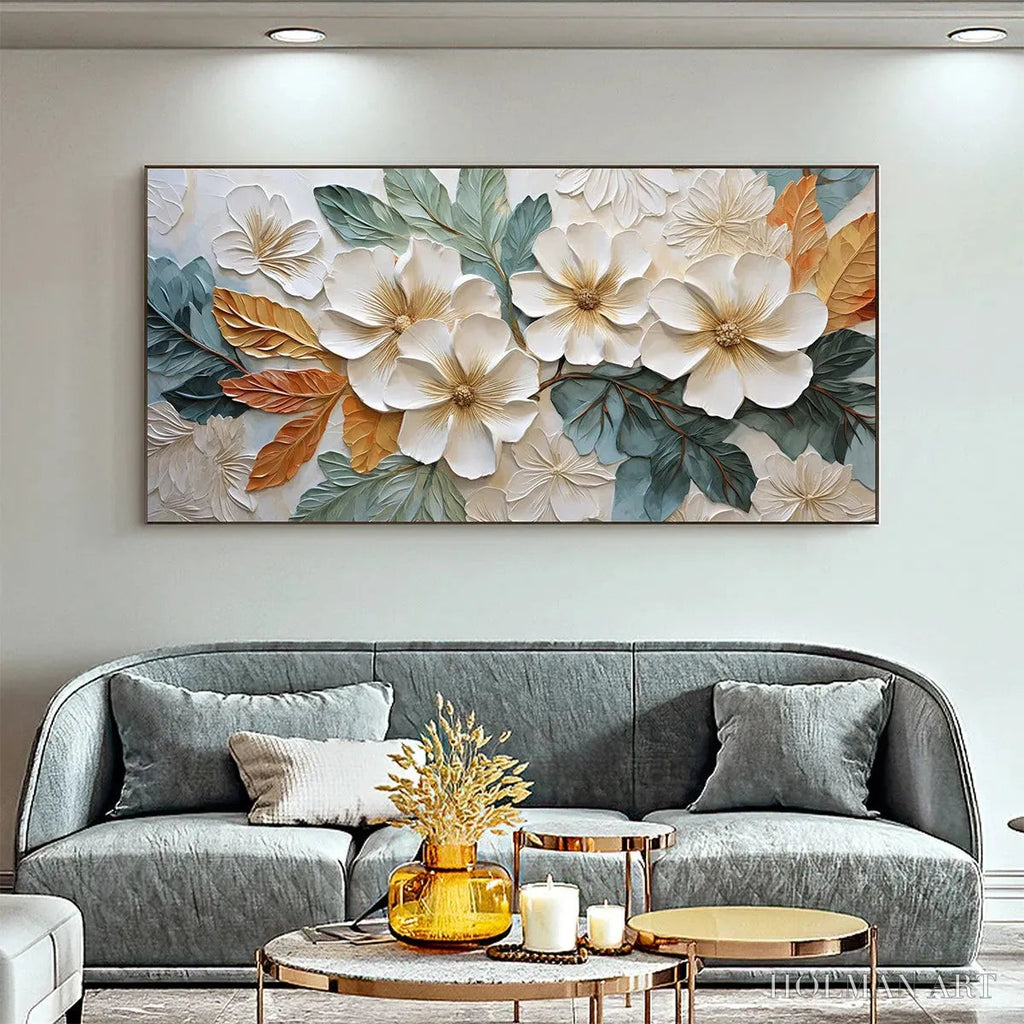 HOLMAN ART White Magnolias – Horizontal Textured Floral Painting, White and Gold Magnolias, Modern , Living Room, Bedroom - image 2