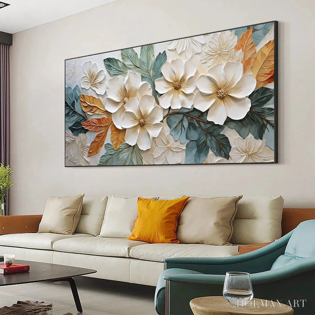 HOLMAN ART White Magnolias – Horizontal Textured Floral Painting, White and Gold Magnolias, Modern , Living Room, Bedroom - image 4