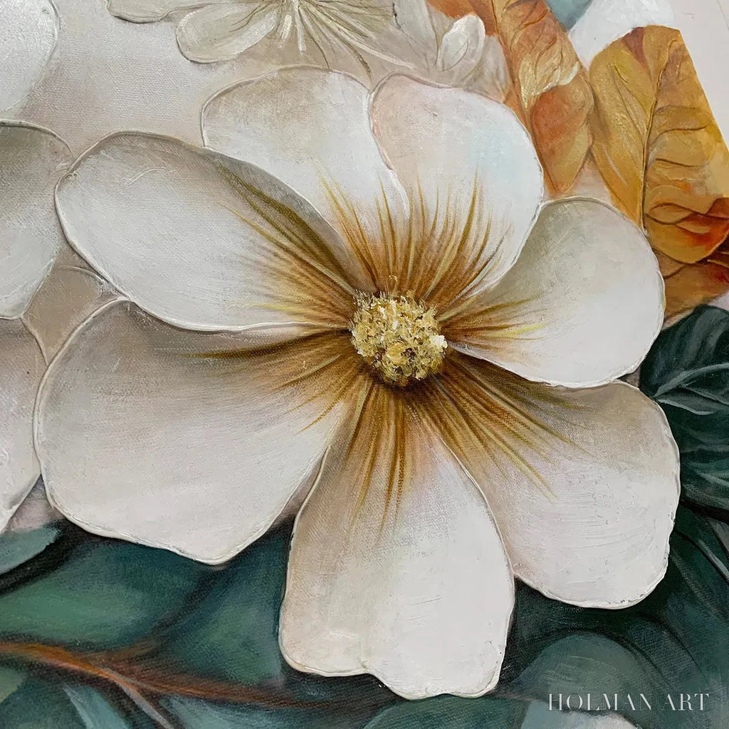HOLMAN ART White Magnolias – Horizontal Textured Floral Painting, White and Gold Magnolias, Modern , Living Room, Bedroom - image 5