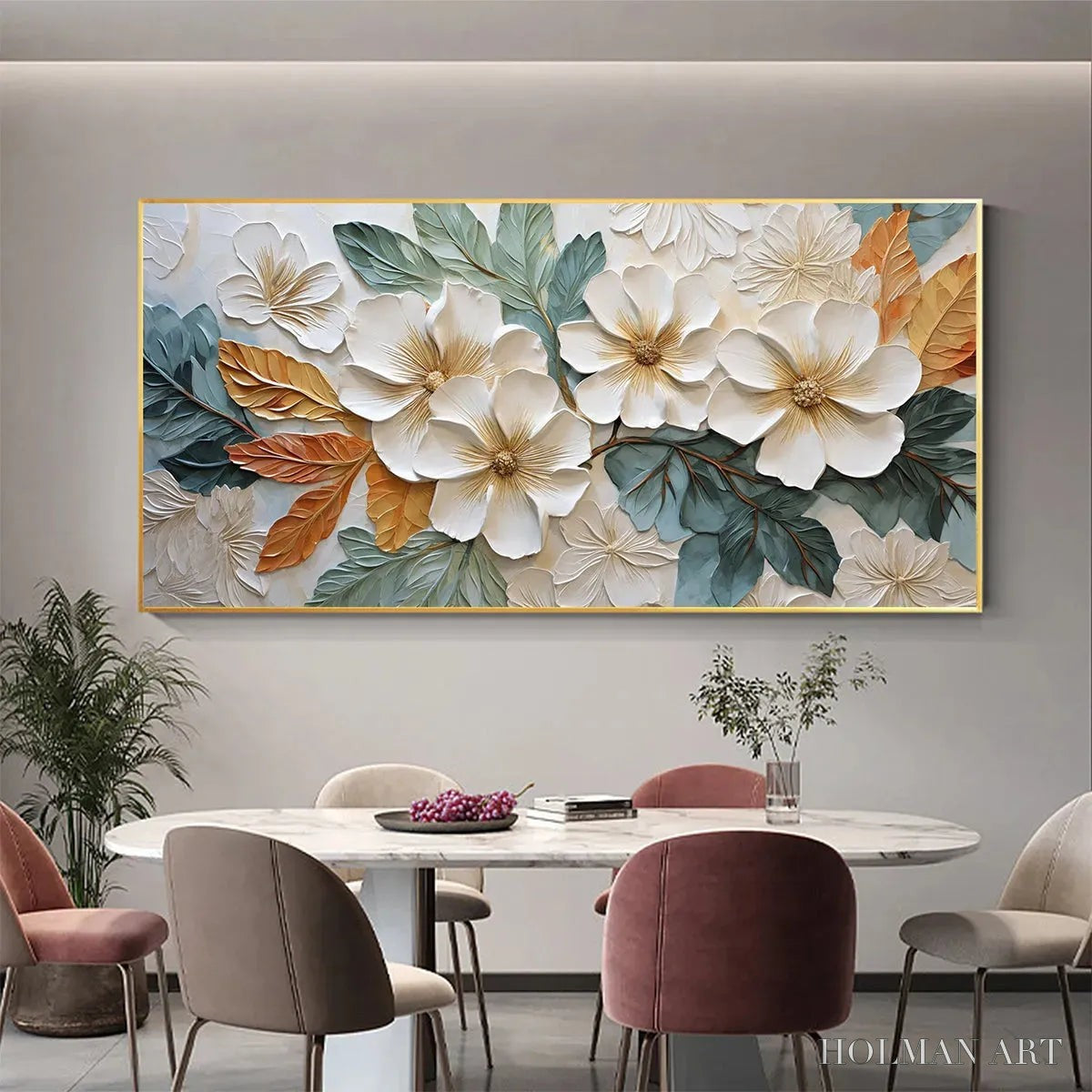 HOLMAN ART White Magnolias – Horizontal Textured Floral Painting, White and Gold Magnolias, Modern , Living Room, Bedroom - image 6