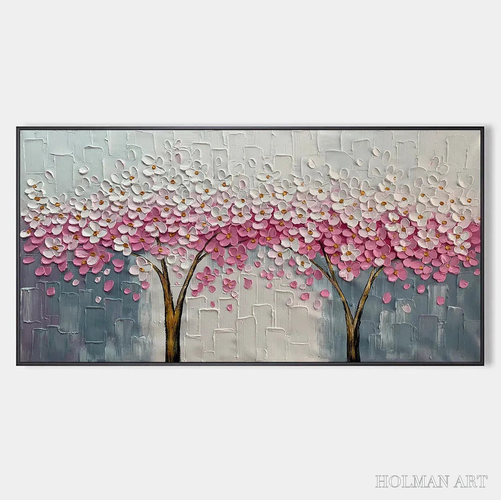 HOLMAN ART Spring Blossom – Panoramic Cherry Blossom Painting in Pink and White, Textured Impasto, Modern - image 1