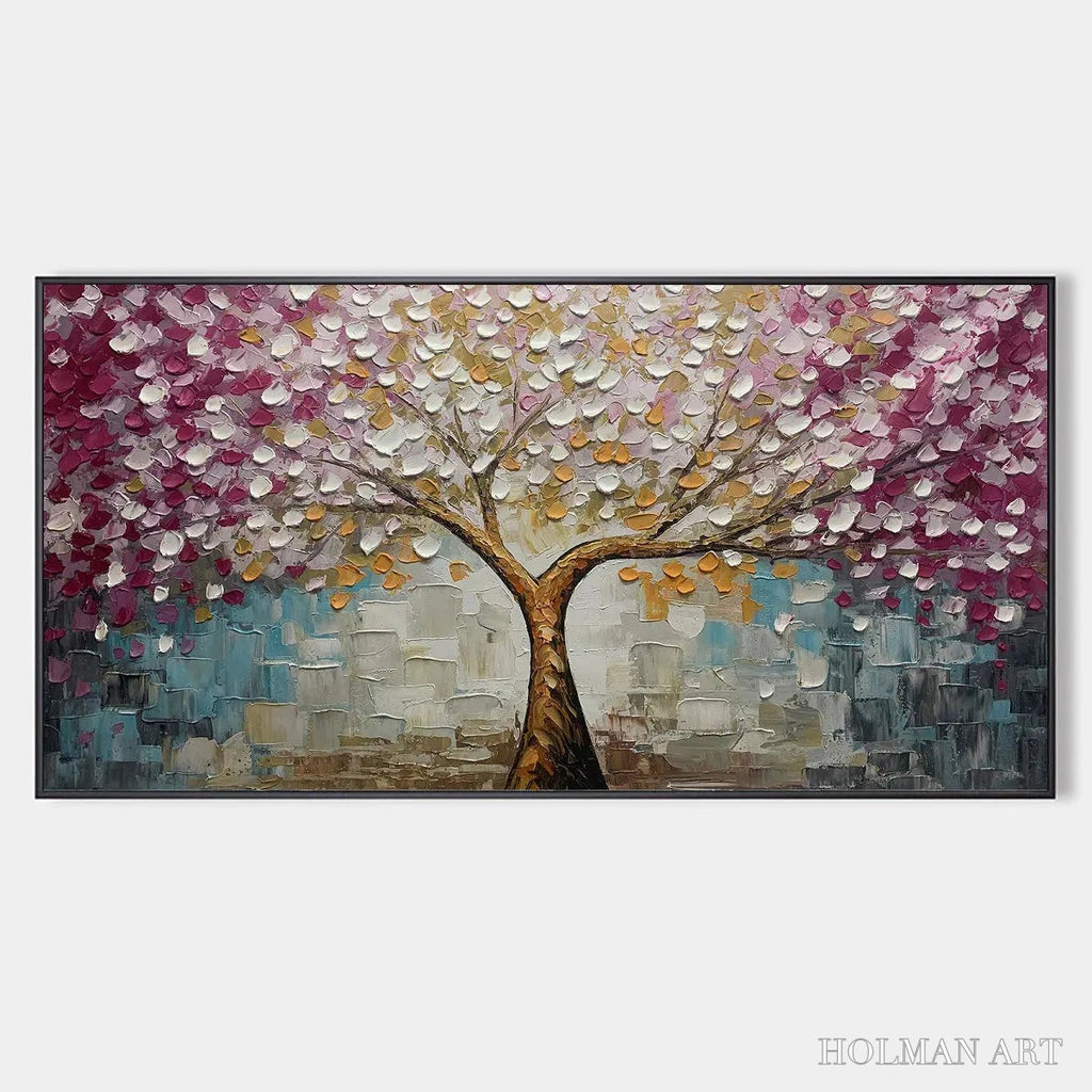 HOLMAN ART Cherry Blossom Dream – Panoramic Textured Impasto Painting of a Cherry Blossom Tree, Modern , Pink and Gold - image 1