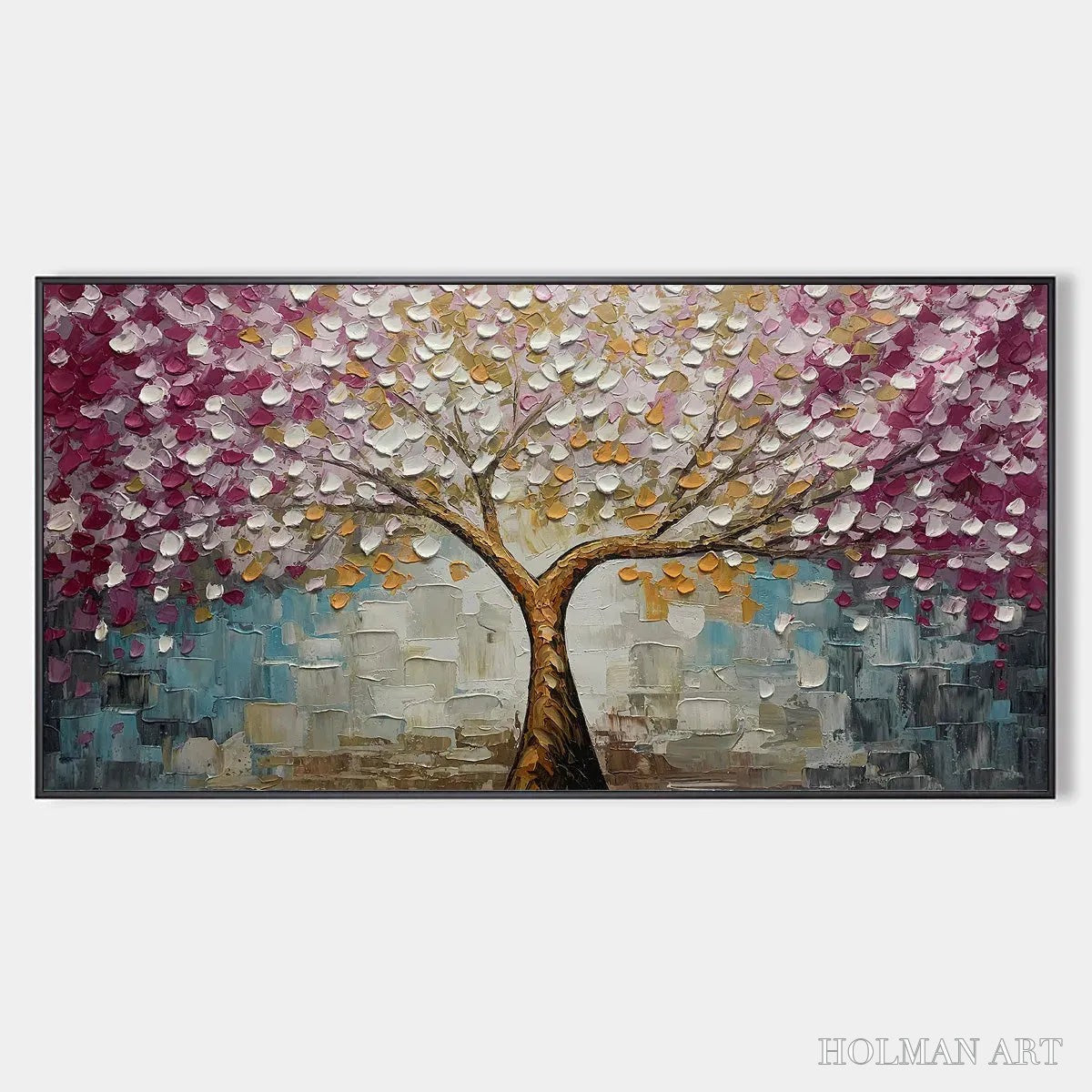 HOLMAN ART Cherry Blossom Dream – Panoramic Textured Impasto Painting of a Cherry Blossom Tree, Modern , Pink and Gold - image 1