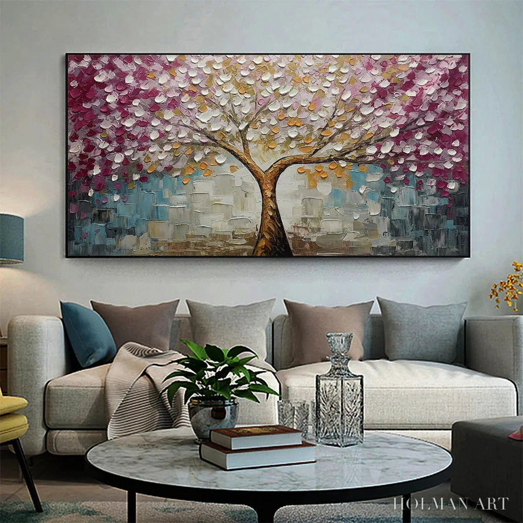 HOLMAN ART Cherry Blossom Dream – Panoramic Textured Impasto Painting of a Cherry Blossom Tree, Modern , Pink and Gold - image 2