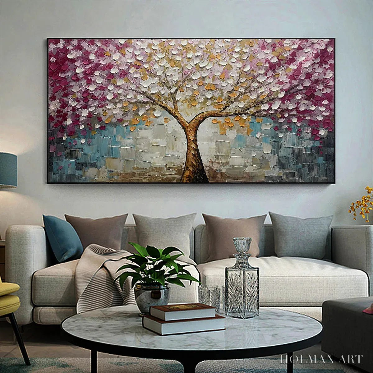 HOLMAN ART Cherry Blossom Dream – Panoramic Textured Impasto Painting of a Cherry Blossom Tree, Modern , Pink and Gold - image 2
