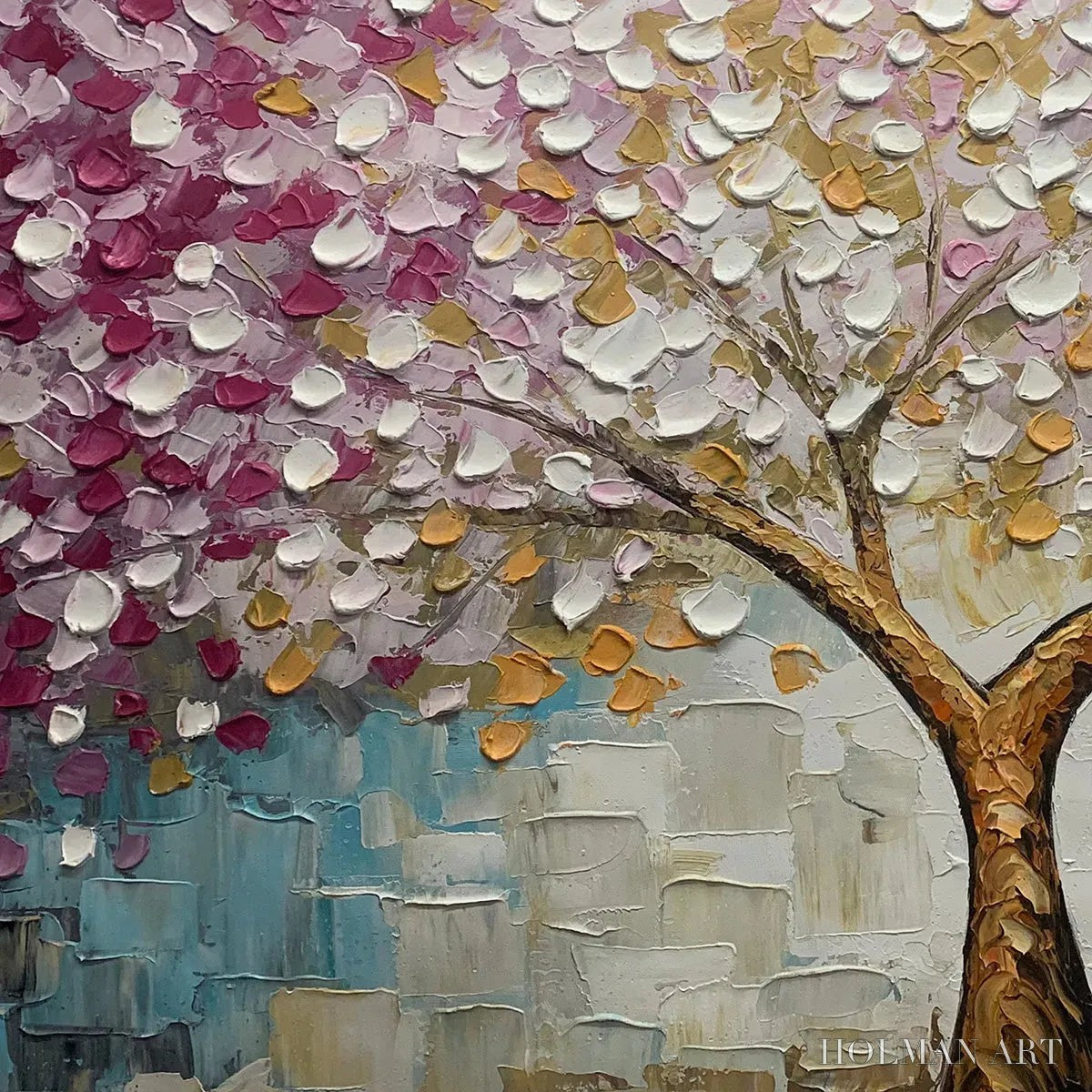 HOLMAN ART Cherry Blossom Dream – Panoramic Textured Impasto Painting of a Cherry Blossom Tree, Modern , Pink and Gold - image 3