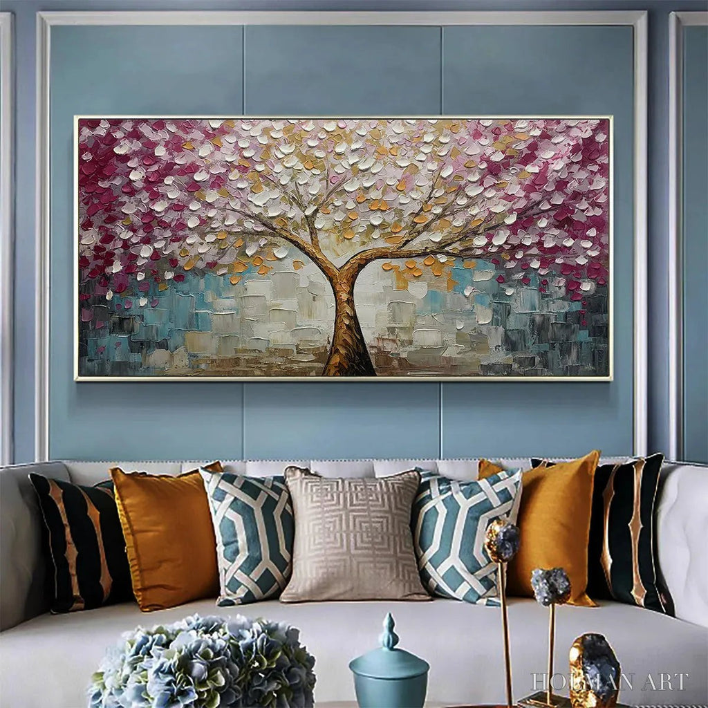 HOLMAN ART Cherry Blossom Dream – Panoramic Textured Impasto Painting of a Cherry Blossom Tree, Modern , Pink and Gold - image 4