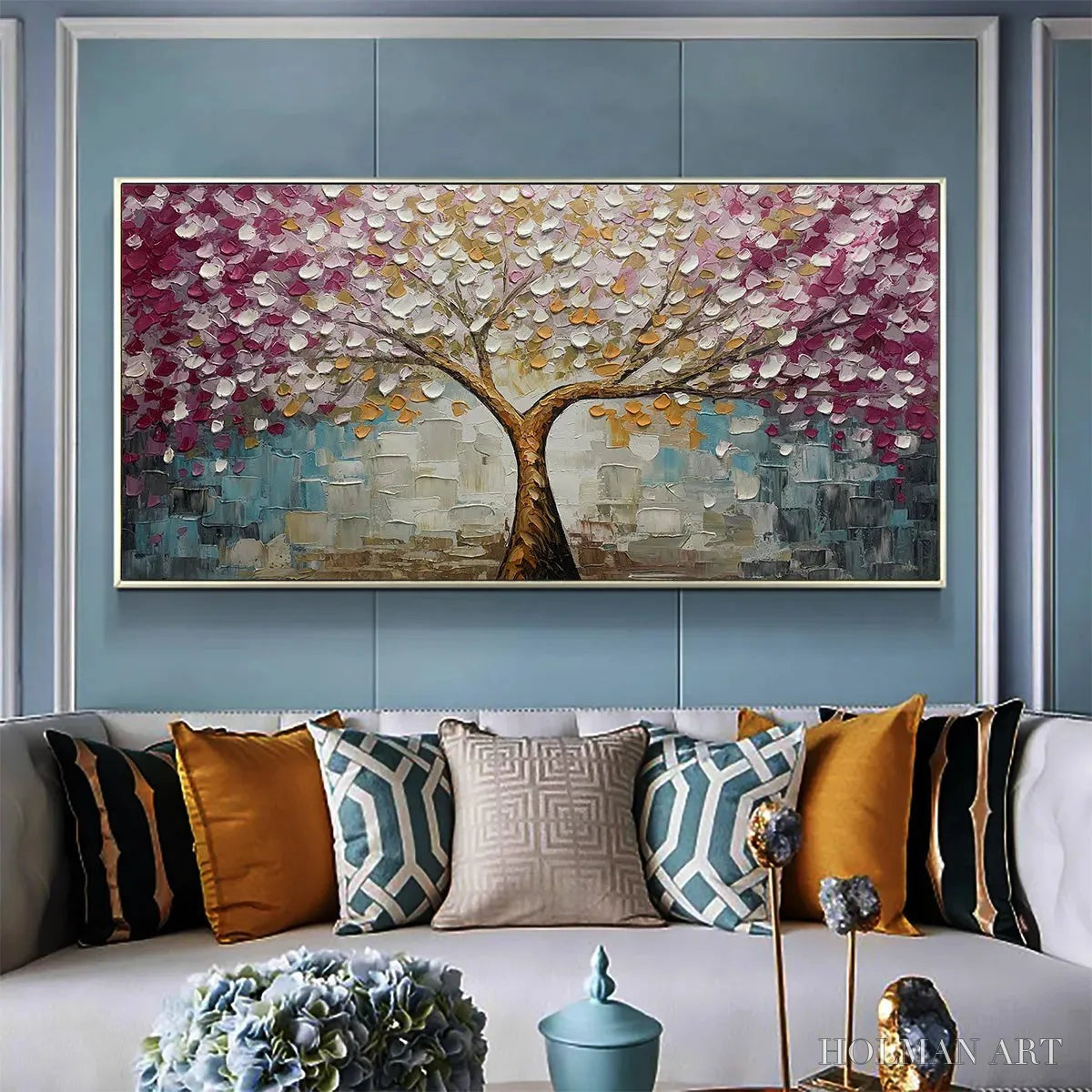 HOLMAN ART Cherry Blossom Dream – Panoramic Textured Impasto Painting of a Cherry Blossom Tree, Modern , Pink and Gold - image 4