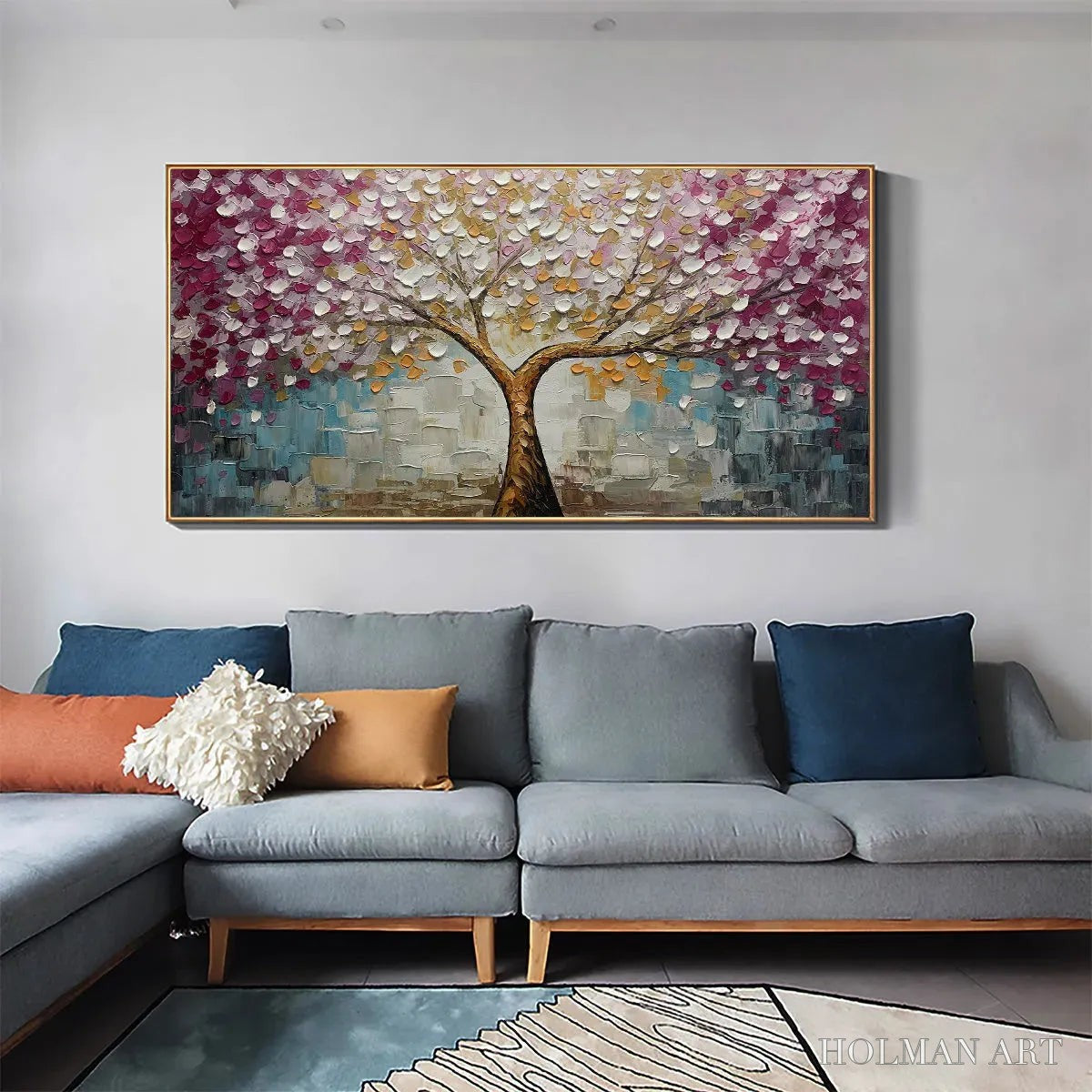 HOLMAN ART Cherry Blossom Dream – Panoramic Textured Impasto Painting of a Cherry Blossom Tree, Modern , Pink and Gold - image 5