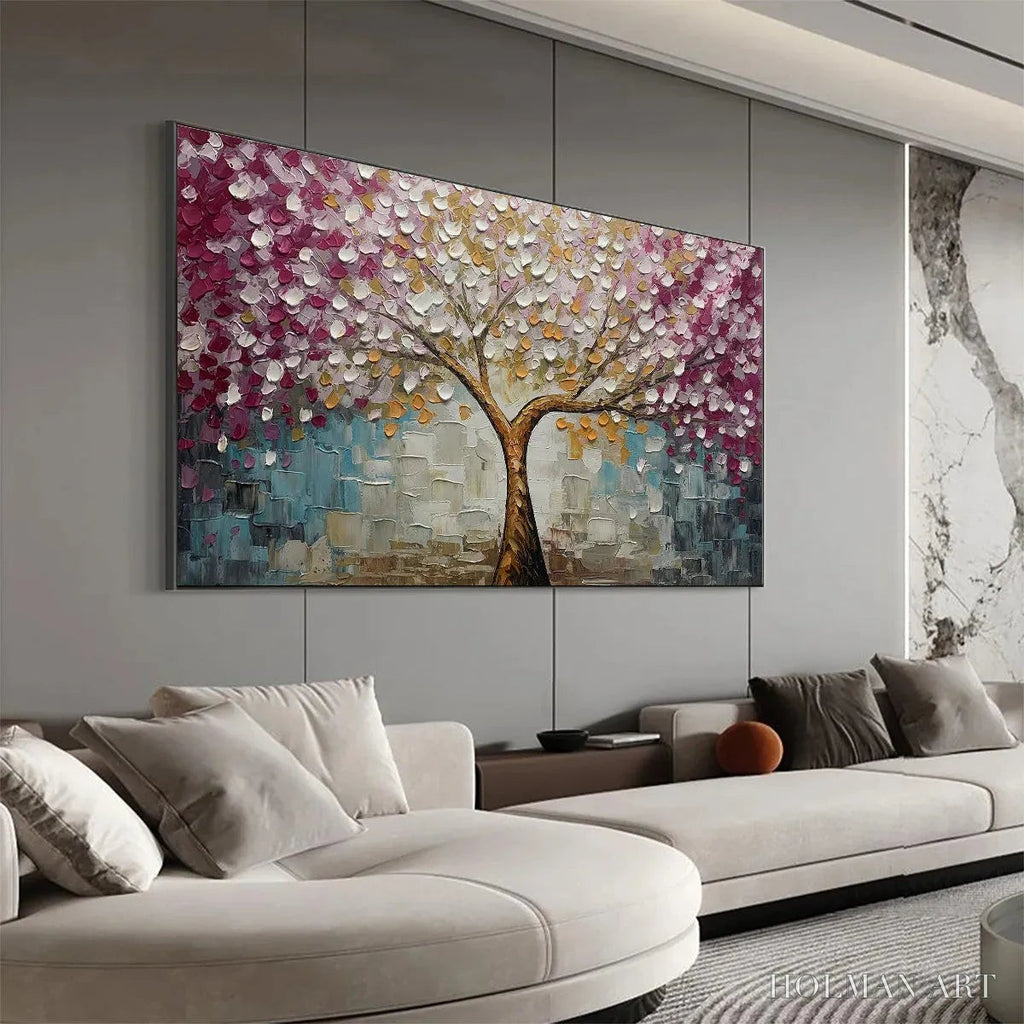 HOLMAN ART Cherry Blossom Dream – Panoramic Textured Impasto Painting of a Cherry Blossom Tree, Modern , Pink and Gold - image 6