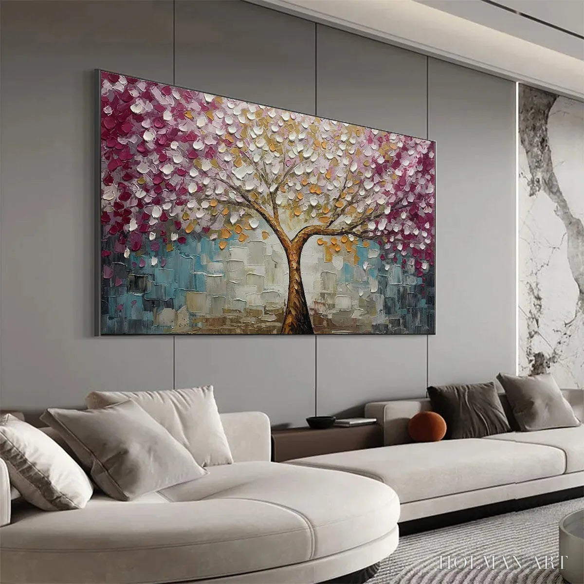 HOLMAN ART Cherry Blossom Dream – Panoramic Textured Impasto Painting of a Cherry Blossom Tree, Modern , Pink and Gold - image 6