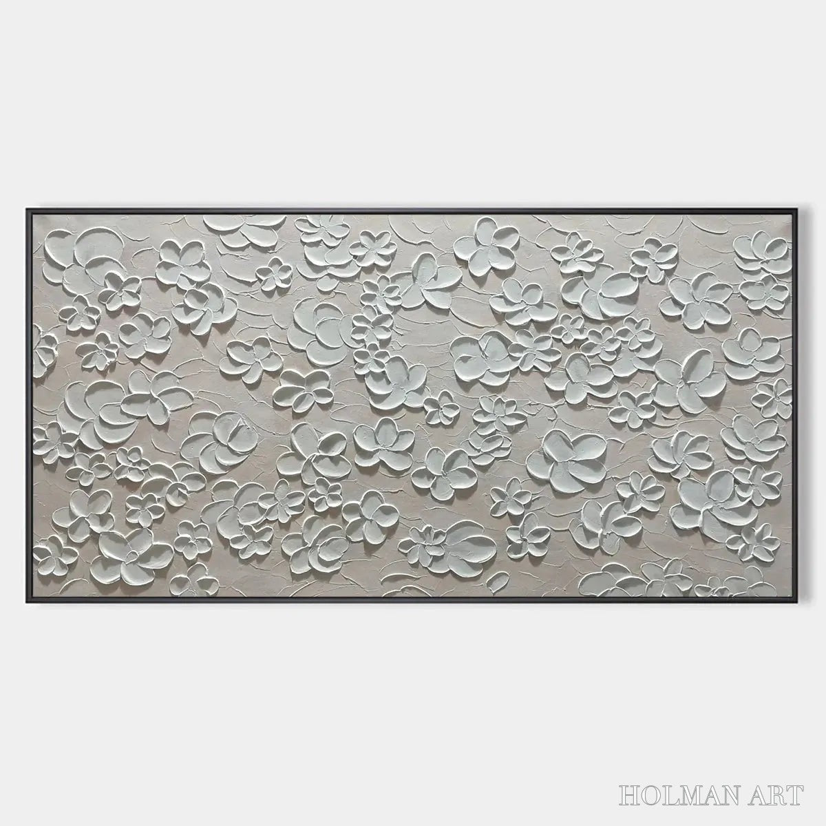 HOLMAN ART Blanc Bloom – Textured White Floral Painting, Horizontal Canvas, Minimalist - image 1
