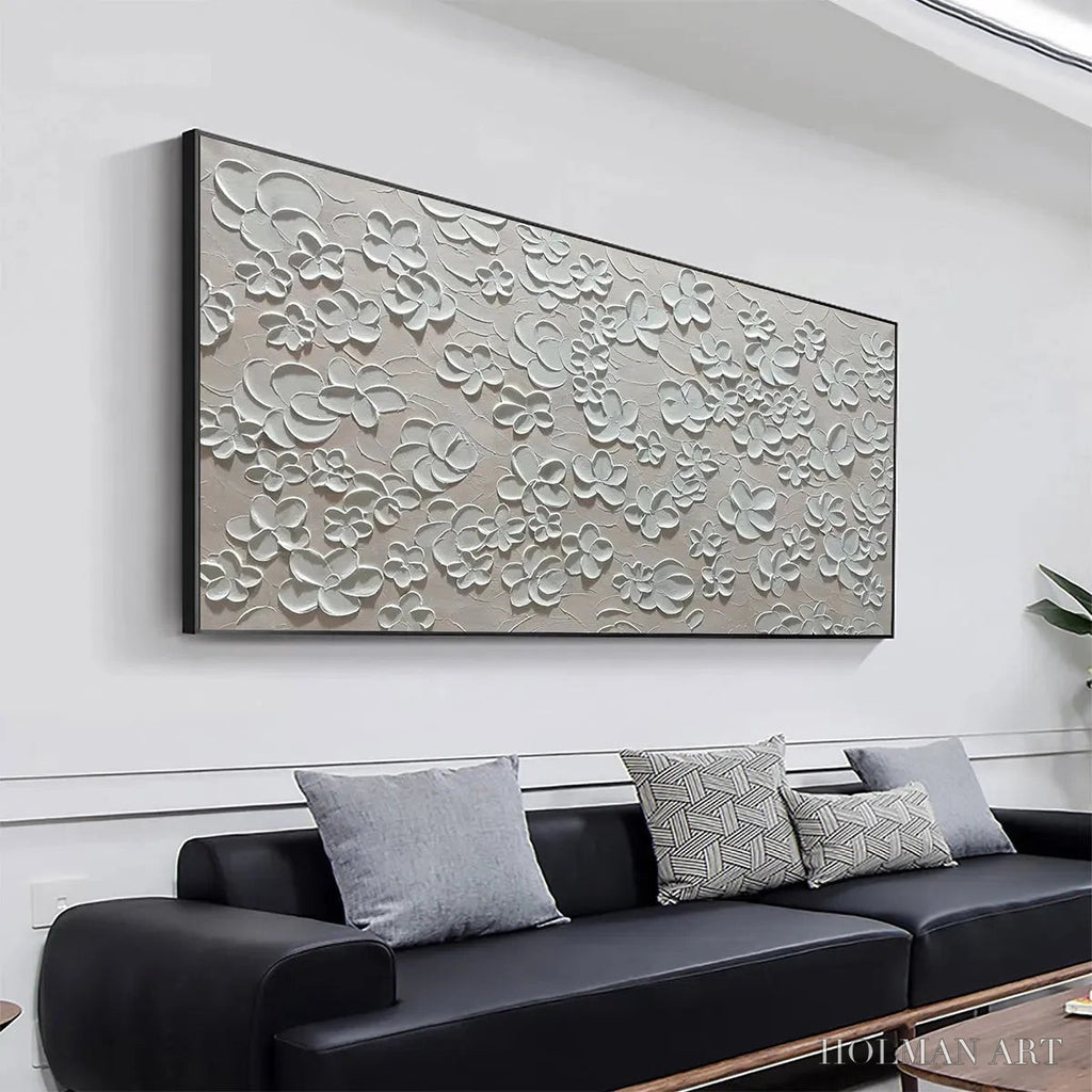 HOLMAN ART Blanc Bloom – Textured White Floral Painting, Horizontal Canvas, Minimalist - image 2